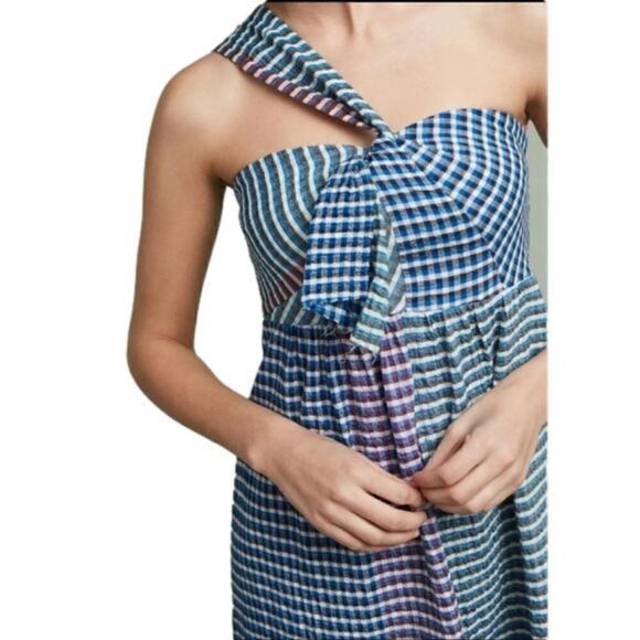 ANTHROPOLOGIE MAEVE One Shoulder Gingham Waverly Dress Blue Motif Size 8 - Picture 9 of 12